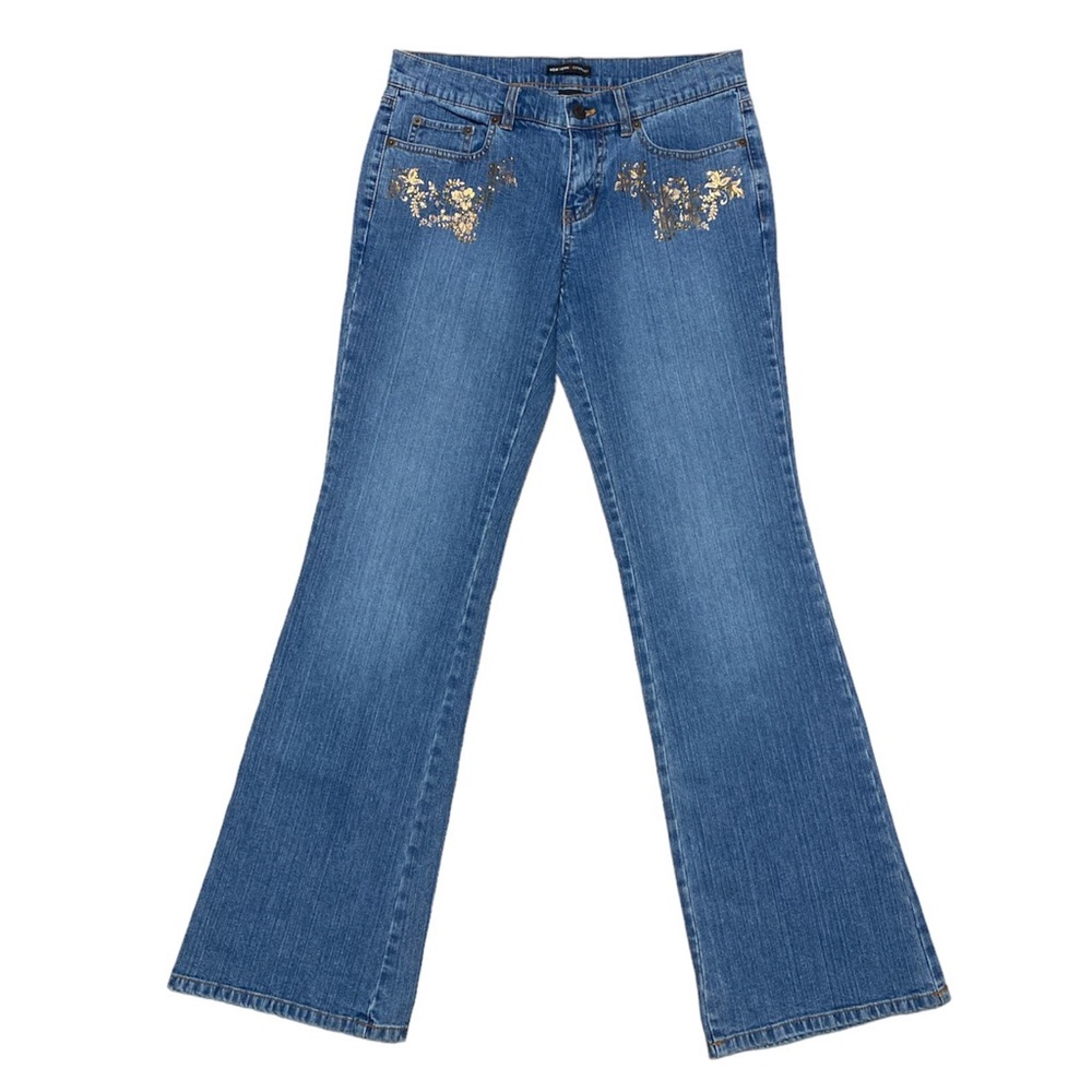 New York & Company Bootcut Jeans Womens 4 Gold Floral Details Casual Flare Denim